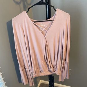 wide sleeve low cut baby pink blouse size small